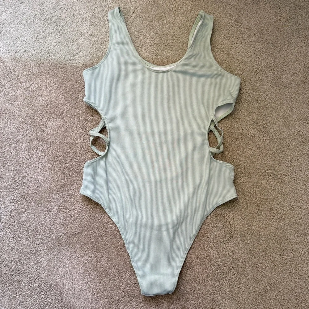 Girls Swimwear Mint Green Ribbed Knit One Piece Cut Out Swim Bathing Suit 14